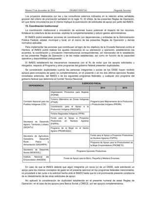 Martes 23 de diciembre de 2014 DIARIO OFICIAL (Segunda Sección)
Los proyectos elaborados por las y los consultores externos indicados en la relación antes señalada,
gozarán del criterio de priorización señalado en la regla 10, IX viñeta, de las presentes Reglas de Operación,
sin que dicha circunstancia por sí misma implique la autorización de solicitudes de apoyo por parte del INAES.
15. Coordinación Institucional
La coordinación institucional y vinculación de acciones busca potenciar el impacto de los recursos,
fortalecer la cobertura de las acciones, explotar la complementariedad y reducir gastos administrativos.
El INAES podrá establecer acciones de coordinación con dependencias y entidades de la Administración
Pública Federal, estatal, municipal y local, en el marco de las presentes Reglas de Operación y demás
normativa aplicable.
Para implementar las acciones que contribuyan al logro de los objetivos de la Cruzada Nacional contra el
Hambre, el INAES podrá realizar los ajustes necesarios en su planeación y operación, estableciendo los
acuerdos, la coordinación y vinculación interinstitucional correspondientes, sin menoscabo de lo establecido
en las presentes Reglas de Operación y de las metas establecidas, así como en función de la capacidad
operativa y disponibilidad presupuestal.
El INAES establecerá los mecanismos necesarios con el fin de evitar que los apoyos solicitados u
otorgados, respecto al Programa y otros programas del gobierno federal presenten duplicidades.
Se considerarán duplicidades cuando las personas integrantes o socias de los OSSE hayan recibido
apoyos para conceptos de gasto no complementarios, en el presente o en los dos últimos ejercicios fiscales
inmediatos anteriores, del INAES o de los siguientes programas federales, y cualquier otro programa del
gobierno federal que determine el Comité Técnico Nacional.
DEPENDENCIA
EJERCICIO FISCAL
2013 2014 2015
Comisión Nacional para los
Pueblos Indígenas (CDI).
Organización Productiva para Mujeres
(POPMI)
Programa para Mejoramiento de la Producción
y Productividad Indígena (PROIN).
Turismo Alternativo en Zonas Indígenas
(PTAZI)
Coordinación para el Apoyo a la
Producción Indígena (PROCAPI)
Fondos Regionales Indígenas (PFRI).
Secretaría de Desarrollo
Agrario, Territorial y Urbano
(SEDATU)
Fondo para el Apoyo a Proyectos
Productivos en Núcleos Agrarios
(FAPPA)
Programa de la Mujer en el Sector
Agrario (PROMUSAG)
Secretaría de Agricultura,
Ganadería, Desarrollo
Rural, Pesca y
Alimentación (SAGARPA)
Fondo para el Apoyo a Proyectos Productivos
en Núcleos Agrarios (FAPPA)
Programa de Apoyo para la Productividad de
la Mujer Emprendedora (PROMETE)
Secretaría de Desarrollo
Social (SEDESOL)
Programa Opciones Productivas.
Instituto Nacional del
Emprendedor (INADEM)
Fondo de Apoyo para la Micro, Pequeña y Mediana Empresa.
En caso de que el INAES detecte que algún integrante y/o socia (o) de un OSSE, está solicitando un
apoyo para los mismos conceptos de gasto en el presente ejercicio en los programas federales mencionados,
no procederá a dar curso a la solicitud hecha ante el INAES hasta que la o el promovente presente constancia
de su desistimiento de las otras solicitudes de apoyo.
No aplicará la consideración de duplicidad establecida en el presente numeral de estas Reglas de
Operación, en el caso de los apoyos para Banca Social y CRECE, por ser apoyos complementarios.
 