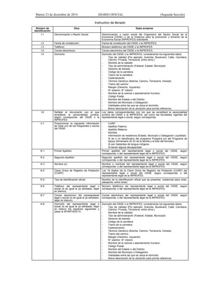 Martes 23 de diciembre de 2014 DIARIO OFICIAL (Segunda Sección)
Instructivo de llenado
Número de
identificación
Dice Debe anotarse
I.1 Denominación o Razón Social: Denominación o razón social del Organismo del Sector Social de la
Economía (OSSE) o de la Instancia para la promoción y fomento de la
Economía Social (INPROFES) solicitante.
I.2 Fecha de constitución: Fecha de constitución del OSSE o la INPROFES.
I.3 Teléfono: Número telefónico del OSSE o la INPROFES.
I.4 Correo electrónico: Correo electrónico del OSSE o la INPROFES.
I.5 Domicilio: Domicilio del OSSE o la INPROFES, considerando los siguientes datos:
- Tipo de vialidad (Por ejemplo: Avenida, Boulevard, Calle, Carretera,
Camino, Privada, Terracería, entre otros.)
- Nombre de la vialidad
- Tipo de administración (Federal, Estatal, Municipal)
- Derecho de tránsito
- Código de la carretera
- Tramo de la carretera
- Cadenamiento
- Término Genérico (Brecha, Camino, Terrecería, Vereda)
- Tramo del camino
- Margen (Derecho, Izquierdo)
- N° exterior, N° interior.
- Nombre de la colonia o asentamiento humano:
- Código Postal.
- Nombre del Estado o del Distrito:
- Nombre del Municipio o Delegación.
- Vialidades entre las que se ubica el domicilio.
- Breve descripción de la ubicación para pronta referencia.
I.6 Señalar el documento con el que
acreditará la personalidad jurídica,
según corresponda, del OSSE o la
INPROFES:
Los datos correspondientes con los que se acreditará la personalidad
jurídica del OSSE o la INPROFES, así como las facultades vigentes del
representante legal o social, según corresponda.
II.1 Proporcionar la siguiente información
de cada uno de los integrantes o socios
del OSSE:
- CURP
- Apellido Paterno.
- Apellido Materno.
- Nombre.
- Información de residencia (Estado, Municipio o Delegación Localidad)
- Si es o no beneficiario del programa Prospera y/o del Programa de
Apoyo Alimentario (El ID de la familia y el folio del formato)
- Si son hablantes de lengua indígena.
- Si tienen alguna discapacidad
III.1 Primer Apellido: Primer apellido del representante legal o social del OSSE, según
corresponda, o del representante legal de la INPROFES.
III.2 Segundo Apellido: Segundo apellido del representante legal o social del OSSE, según
corresponda, o del representante legal de la INPROFES.
III.3 Nombre (s): Nombre o nombres del representante legal o social del OSSE, según
corresponda, o del representante legal de la INPROFES.
III.4 Clave Única de Registro de Población
(CURP):
Los 18 dígitos de la Clave Única de Registro de Población (CURP) del
representante legal o social del OSSE, según corresponda, o del
representante legal de la INPROFES.
III.5 Tipo de identificación oficial: Nombre de la identificación oficial que se presenta: credencial para votar,
pasaporte, entre otras)
III.6 Teléfono del representante legal o
social (si es igual al ya señalado, dejar
en blanco):
Número telefónico del representante legal o social del OSSE, según
corresponda, o del representante legal de la INPROFES.
III.7 Correo electrónico del representante
legal o social (si es igual al ya señalado,
dejar en blanco):
Correo electrónico del representante legal o social del OSSE, según
corresponda, o del representante legal de la INPROFES.
III.8 Domicilio del representante legal o
social (si es igual al ya señalado, dejar
en blanco los espacios siguientes y
pasar al APARTADO IV.
Domicilio del OSSE o la INPROFES, considerando los siguientes datos:
- Tipo de vialidad (Por ejemplo: Avenida, Boulevard, Calle, Carretera,
Camino, Privada, Terracería, entre otros.)
- Nombre de la vialidad
- Tipo de administración (Federal, Estatal, Municipal)
- Derecho de tránsito
- Código de la carretera
- Tramo de la carretera
- Cadenamiento
- Término Genérico (Brecha, Camino, Terrecería, Vereda)
- Tramo del camino
- Margen (Derecho, Izquierdo)
- N° exterior, N° interior.
- Nombre de la colonia o asentamiento humano:
- Código Postal.
- Nombre del Estado o del Distrito:
- Nombre del Municipio o Delegación.
- Vialidades entre las que se ubica el domicilio.
- Breve descripción de la ubicación para pronta referencia.
 