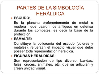 PARTES DE LA SIMBOLOGÍA
HERÁLDICA
 ESCUDO:
Es la plancha preferentemente de metal o
madera que usaron los antiguos en defensa
durante los combates, es decir la base de la
protección.
 ESMALTE:
Constituye la policromía del escudo (colores y
metales), refuerzan el impacto visual que debe
poseer toda representación heráldica.
 FIGURAS HERÁLDICAS:
Son representación de tipo diverso, bandas,
fajas, cruces, animales, etc, que se articulan y
crean unidad visual.
 