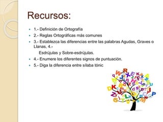 Recursos: 
 1.- Definición de Ortografía 
 2.- Reglas Ortográficas más comunes 
 3.- Establezca las diferencias entre las palabras Agudas, Graves o 
Llanas, 4.- 
Esdrújulas y Sobre-esdrújulas. 
 4.- Enumere los diferentes signos de puntuación. 
 5.- Diga la diferencia entre sílaba tónica y átona 
