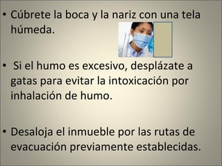 Cúbrete la boca y la nariz con una tela húmeda. Si el humo es excesivo, desplázate a gatas para evitar la intoxicación por inhalación de humo.  Desaloja el inmueble por las rutas de evacuación previamente establecidas.  