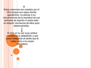 Estas creencias son creados por el
   niño porque aun sigue siendo
    egocéntrico, no piensa ni en
convencernos de la exactitud de sus
 actitudes de espíritu ni sobre todo,
en adquirir conciencia de ellos para
           desenvolverlas.


   El niño en su ser cuya actitud
  principal es la adaptación y que
  busca adaptarse al adulto que le
      rodea como a la propia
             naturaleza.
 