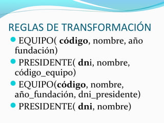 REGLAS DE TRANSFORMACIÓN
EQUIPO( código, nombre, año
fundación)
PRESIDENTE( dni, nombre,
código_equipo)
EQUIPO(código, nombre,
año_fundación, dni_presidente)
PRESIDENTE( dni, nombre)
 