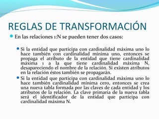 REGLAS DE TRANSFORMACIÓN
En las relaciones 1:N se pueden tener dos casos:
Si la entidad que participa con cardinalidad máxima uno lo
hace también con cardinalidad mínima uno, entonces se
propaga el atributo de la entidad que tiene cardinalidad
máxima 1 a la que tiene cardinalidad máxima N,
desapareciendo el nombre de la relación. Si existen atributos
en la relación éstos también se propagarán.
Si la entidad que participa con cardinalidad máxima uno lo
hace también cardinalidad mínima cero, entonces se crea
una nueva tabla formada por las claves de cada entidad y los
atributos de la relación. La clave primaria de la nueva tabla
será el identificador de la entidad que participa con
cardinalidad máxima N.
 