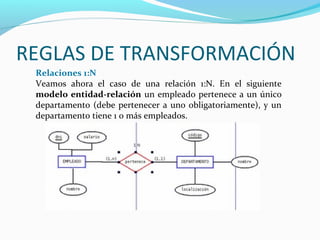REGLAS DE TRANSFORMACIÓN
Relaciones 1:N
Veamos ahora el caso de una relación 1:N. En el siguiente
modelo entidad-relación un empleado pertenece a un único
departamento (debe pertenecer a uno obligatoriamente), y un
departamento tiene 1 o más empleados.
 