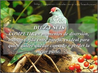 DIEZ Y SEISDIEZ Y SEIS
COMPETIR en momentos de diversión,COMPETIR en momentos de diversión,
trabajo y vida entre pareja, es ideal paratrabajo y vida entre pareja, es ideal para
quien quiere quedar cansado o perder laquien quiere quedar cansado o perder la
mejor parte.mejor parte.
 