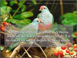 Celebra y disfruta de tu salud: si es buena,Celebra y disfruta de tu salud: si es buena,
mantenla así. Y si es inestable, mejórala. Y simantenla así. Y si es inestable, mejórala. Y si
no está en tus manos mejorarla, busca ayuda.no está en tus manos mejorarla, busca ayuda.
 