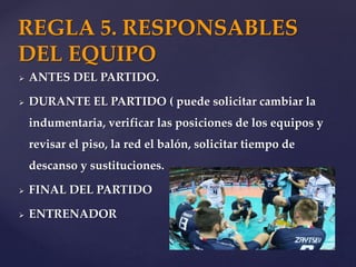  ANTES DEL PARTIDO.
 DURANTE EL PARTIDO ( puede solicitar cambiar la
indumentaria, verificar las posiciones de los equipos y
revisar el piso, la red el balón, solicitar tiempo de
descanso y sustituciones.
 FINAL DEL PARTIDO
 ENTRENADOR
REGLA 5. RESPONSABLES
DEL EQUIPO
 