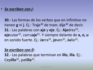 Se escriben con j:30.- Las formas de los verbos que en infinitivo no tienen g ni j. Ej.: Traje30 de traer, dije30 de decir.31.- Las palabras con aje y eje. Ej.: Ajedrez31, ejecutar31, carruaje31. Y siempre delante de a, o, u en sonido fuerte. Ej.: Jarra31, joven31, Julio31.Se escriben con ll:32.- Las palabras que terminan en illo, illa. Ej.: Cepillo32, patilla32.Ullenid Jiménez 
