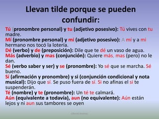 Llevan tilde porque se pueden confundir:Tú (pronombre personal) ytu(adjetivo posesivo):Túvives con tumadre.Mí(pronombre personal) y mi(adjetivo posesivo):A míy a mihermano nos tocó la lotería.Dé(verbo) y de(preposición): Dile que te déun vaso de agua.Más(adverbio) y mas(conjunción): Quiere más, mas (pero) no le dan.Sé(verbo saber y ser) y se(pronombre): Yo séque se marcha. Sé bueno.Sí(afirmación y pronombre) y si (conjunción condicional y nota musical): Dijo que sí. Se puso fuera de sí. Sino afinas el si te suspenderán.Té(nombre) y te (pronombre): Un té tecalmará.Aún(equivalente a todavía), aun(no equivalente):Aúnestán lejos y ni aunsus tambores se oyenUllenid Jiménez 