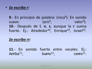 Se escribe r:9.- En principio de palabra: (roca9). En sonido suave: (aro9, valor9).10.- Después de l, n, s, aunque la r suena fuerte. Ej.: Alrededor10, Enrique10, Israel10.Se escribe rr:11.- En sonido fuerte entre vocales. Ej.: Arriba11, barro11, cerro11.Ullenid Jiménez 