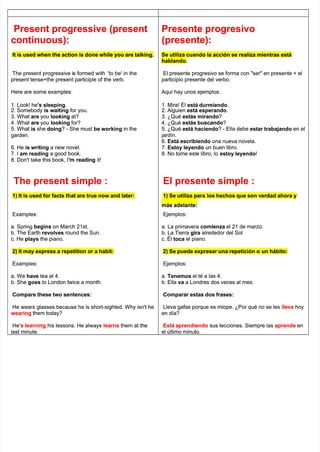 Present progressive (present
Present progressive (present
continuous):
continuous):
It is used when the action is done while you are talking.
It is used when the action is done while you are talking.
The present progressive i
The present progressive is formed with
s formed with 'to be' in the
'to be' in the
present tense+the present participle of the verb.
present tense+the present participle of the verb.
Here are some examples:
Here are some examples:
1. Look! he
1. Look! he's
's sleeping
sleeping.
.
2. Somebody
2. Somebody is waiting
is waiting for you.
for you.
3. What
3. What are
are you
you looking
looking at?
at?
4. What
4. What are
are you
you looking
looking for?
for?
5. What
5. What is
is she
she doing
doing? - She must
? - She must be working
be working in the
in the
garden.
garden.
6. He
6. He is writing
is writing a new novel.
a new novel.
7. I
7. I am reading
am reading a good book.
a good book.
8. Don't take this book, I
8. Don't take this book, I'm reading
'm reading it!
it!
The present simple :
The present simple :
1) It is used for facts that are true now and later:
1) It is used for facts that are true now and later:
Examples:
Examples:
a. Spring
a. Spring begins
begins on March 21st.
on March 21st.
b. The Earth
b. The Earth revolves
revolves round the Sun.
round the Sun.
c. He
c. He plays
plays the piano.
the piano.
2) It may express a repetition or a habit:
2) It may express a repetition or a habit:
Examples:
Examples:
a. We
a. We have
have tea at 4.
tea at 4.
b. She
b. She goes
goes to London twice a month.
to London twice a month.
Compare these two sentences:
Compare these two sentences:
He wears glasses because he is short-sighted. Why isn't he
He wears glasses because he is short-sighted. Why isn't he
wearing
wearing them today?
them today?
He
He's learning
's learning his lessons. He always
his lessons. He always learns
learns them at the
them at the
last minute.
last minute.
Presente progresivo
Presente progresivo
(presente):
(presente):
Se utiliza cuando la acción se realiza mientras está
Se utiliza cuando la acción se realiza mientras está
hablando.
hablando.
El presente progresivo se forma con "ser" en presente + el
El presente progresivo se forma con "ser" en presente + el
participio presente del verbo.
participio presente del verbo.
Aquí hay unos ejemplos:
Aquí hay unos ejemplos:
1. Mira! Él
1. Mira! Él está durmiendo
está durmiendo.
.
2. Alguien
2. Alguien está esperando
está esperando.
.
3. ¿Qué
3. ¿Qué estás mirando
estás mirando?
?
4. ¿Qué
4. ¿Qué estás buscando
estás buscando?
?
5. ¿Qué
5. ¿Qué está haciendo
está haciendo? - Ella debe
? - Ella debe estar trabajando
estar trabajando en el
en el
jardín.
jardín.
6.
6. Está escribiendo
Está escribiendo una nueva novela.
una nueva novela.
7.
7. Estoy leyendo
Estoy leyendo un buen libro.
un buen libro.
8. No tome este libro, lo
8. No tome este libro, lo estoy leyendo
estoy leyendo!
!
El presente simple :
El presente simple :
1) Se utiliza para
1) Se utiliza para los hechos que son verdad ahora y
los hechos que son verdad ahora y
más adelante:
más adelante:
Ejemplos:
Ejemplos:
a. La primavera
a. La primavera comienza
comienza el 21 de marzo.
el 21 de marzo.
b. La Tierra
b. La Tierra gira
gira alrededor del Sol
alrededor del Sol
c. Él
c. Él toca
toca el piano.
el piano.
2) Se puede expresar una repetición o
2) Se puede expresar una repetición o un hábito:
un hábito:
Ejemplos:
Ejemplos:
a.
a. Tenemos
Tenemos el té a las 4.
el té a las 4.
b. Ella
b. Ella va
va a Londres dos veces al mes.
a Londres dos veces al mes.
Comparar estas dos frases:
Comparar estas dos frases:
Lleva gafas porque es miope. ¿Por qué no se les
Lleva gafas porque es miope. ¿Por qué no se les lleva
lleva hoy
hoy
en día?
en día?
Está aprendiendo
Está aprendiendo sus lecciones. Siempre las
sus lecciones. Siempre las aprende
aprende en
en
el último minuto.
el último minuto.
 