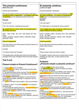 The present continuous.
The present continuous.
What's the rule?
What's the rule?
Present actions/situations
Present actions/situations
We use the present continuous tense when we talk about
We use the present continuous tense when we talk about
something which is happening
something which is happening or
or in progress at the time
in progress at the time
of speaking
of speaking (but not necessarily exactly at the time).
(but not necessarily exactly at the time).
Example
Example
"Is John here?"
"Is John here?"
"Yes, he's next door, checking the accounts."
"Yes, he's next door, checking the accounts."
Be careful! Here is a list of
Be careful! Here is a list of verbs not normally used in
verbs not normally used in
the continuous form:
the continuous form:
want.
want. need. prefer.
need. prefer. like. love.
like. love. hate.
hate. belong.
belong. see.
see. hear.
hear.
know.
know.
realise. recognise. suppose. believe. understand. forget.
realise. recognise. suppose. believe. understand. forget.
remember. seem.
remember. seem.
Future arrangements
Future arrangements
The most common use of the present continuous tense is to
The most common use of the present continuous tense is to
talk about the future.
talk about the future.
Example
Example
"I'm flying to Rome next Tuesday."
"I'm flying to Rome next Tuesday."
The speaker/writer indicates that a future event has been
The speaker/writer indicates that a future event has been
arranged (in this case, the flight to Rome has been booked).
arranged (in this case, the flight to Rome has been booked).
Test it out!
Test it out!
Present simple or Pres
Present simple or Present Continuous?
ent Continuous?
1. I always
1. I always play
play tennis on Fridays.
tennis on Fridays.
2. He
2. He is finishing
is finishing his report. He will bring it into the office
his report. He will bring it into the office
when it is complete.
when it is complete.
3. "My parents phoned me this morning.They
3. "My parents phoned me this morning.They are enjoying
are enjoying
themselves in the Seychelles. Champagne every night! In
themselves in the Seychelles. Champagne every night! In
fact, they don't want to leave."
fact, they don't want to leave."
4. We
4. We prefer
prefer to entertain our guests in a local restaurant
to entertain our guests in a local restaurant
rather than the canteen. Although it is expensive, we can
rather than the canteen. Although it is expensive, we can
talk freely there.
talk freely there.
5. I
5. I know
know the answer to your problem. Get a new computer.
the answer to your problem. Get a new computer.
6. "Where is John?" "In his office
6. "Where is John?" "In his office waiting
waiting for an important
for an important
telephone call."
telephone call."
7. I can't make the meeting tomorrow. I
7. I can't make the meeting tomorrow. I am interviewing
am interviewing the
the
applicants for the sales manager's job.
applicants for the sales manager's job.
8. My brother
8. My brother works
works for Shink Inc. which makes bathroom
for Shink Inc. which makes bathroom
fittings.
fittings.
9. Who
9. Who is talking
is talking to Bill? Is it the new secretary?
to Bill? Is it the new secretary?
10. The new contract
10. The new contract seems
seems fine to me. However, could you
fine to me. However, could you
just check it through once more?
just check it through once more?
El presente continuo.
El presente continuo.
¿Cual es la regla?
¿Cual es la regla?
acciones presentes / situaciones
acciones presentes / situaciones
Usamos el presente continuo cuando hablamos de
Usamos el presente continuo cuando hablamos de algo
algo
que está sucediendo
que está sucediendo o
o en curso en el momento de
en curso en el momento de
hablar
hablar (pero no necesariamente exactamente en el
(pero no necesariamente exactamente en el
momento).
momento).
Ejemplo
Ejemplo
"¿Es John aquí?"
"¿Es John aquí?"
"Sí, está al lado, la comprobación de las cuentas."
"Sí, está al lado, la comprobación de las cuentas."
¡Ten cuidado! Aquí está una lista de
¡Ten cuidado! Aquí está una lista de verbos que no
verbos que no
suelen utilizarse en forma continua:
suelen utilizarse en forma continua:
querer. necesitar. preferir. me gusta. amor. odio. pertenecer
querer. necesitar. preferir. me gusta. amor. odio. pertenecer
a.
a. ver.
ver. oír.
oír. saber.
saber.
darse cuenta de. reconocer. suponer. creer. entender.
darse cuenta de. reconocer. suponer. creer. entender.
olvidar. recuerda. parecer.
olvidar. recuerda. parecer.
Futuros acuerdos
Futuros acuerdos
El uso más común del tiempo presente continuo es para
El uso más común del tiempo presente continuo es para
hablar sobre el futuro.
hablar sobre el futuro.
Ejemplo
Ejemplo
"Estoy volando a Roma el próximo martes."
"Estoy volando a Roma el próximo martes."
El hablante / escritor indica que un evento futuro ha sido
El hablante / escritor indica que un evento futuro ha sido
arreglado (en este caso, el vuelo a Roma ha sido
arreglado (en este caso, el vuelo a Roma ha sido
reservado).
reservado).
Probarlo!
Probarlo!
¿Presente simple o presente continuo?
¿Presente simple o presente continuo?
1. Siempre
1. Siempre juego
juego de tenis de los viernes.
de tenis de los viernes.
2. Él
2. Él está terminando
está terminando su informe. Él traerá a la oficina
su informe. Él traerá a la oficina
cuando se ha completado.
cuando se ha completado.
3. "Mis padres me llamaron por teléfono esta mañana. Ellos
3. "Mis padres me llamaron por teléfono esta mañana. Ellos
están disfrutando
están disfrutando de sí mismos en las Seychelles.
de sí mismos en las Seychelles.
Champagne todas las noches! De hecho, ellos no quieren
Champagne todas las noches! De hecho, ellos no quieren
salir."
salir."
4.
4. Preferimos
Preferimos entretener a nuestros clientes en un
entretener a nuestros clientes en un
restaurante local en lugar de la cantina. A pesar de que es
restaurante local en lugar de la cantina. A pesar de que es
caro, podemos hablar libremente allí.
caro, podemos hablar libremente allí.
5.
5. Sé
Sé la respuesta a su problema. Obtener un equipo nuevo.
la respuesta a su problema. Obtener un equipo nuevo.
6. "¿Dónde está Juan?" "En su oficina
6. "¿Dónde está Juan?" "En su oficina esperando
esperando una
una
llamada importante."
llamada importante."
7. No puedo hacer que la reunión de mañana. Estoy
7. No puedo hacer que la reunión de mañana. Estoy
entrevistando
entrevistando a los solicitantes de trabajo del gerente de
a los solicitantes de trabajo del gerente de
ventas.
ventas.
8. Mi hermano
8. Mi hermano trabaja
trabaja para Shink Inc., que hace que los
para Shink Inc., que hace que los
accesorios de baño.
accesorios de baño.
9. ¿Quién
9. ¿Quién está hablando
está hablando con Bill? ¿Es la nueva secretaria?
con Bill? ¿Es la nueva secretaria?
10. El nuevo contrato
10. El nuevo contrato parece
parece bien a mí. Sin embargo,
bien a mí. Sin embargo,
¿podrías comprobarlo a través una vez más?
¿podrías comprobarlo a través una vez más?
 