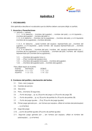 - 15 -
Apéndice 3
1. VOCABULARIO.
Este apéndice describe el vocabulario que los árbitros deben usar para dirigir un partido.
1. Anuncios y Presentaciones
1.1. Señoras y señores
1.1.1. A mi derecha ... (nombre del jugador) ... nombre del país), y a mi izquierda ...
(nombre del jugador) ... nombre del país); o
1.1.2. A mi derecha ... (Nombre de los jugadores) ... (nombre del país)..y a mi izquierda
(nombre de los jugadores).. (nombre del país).
1.1.3. A mi derecha ... (país/ nombre del equipo) representado por ... (nombre del
jugador), y a mi izquierda ... (país/ nombre del equipo) representado por … (nombre
del jugador)
1.1.4. A mi derecha … (nombre del país / nombre del equipo) representado por …
(nombre de los jugadores) y a mi izquierda ... (nombre del país / nombre del equipo)
representado por (nombre de los jugadores)...
1.2.1. ... (Nombre del jugador) sirve; o
1.2.2. ... (País/ nombre del equipo) sirve.
1.3.1. ... (Nombre del jugador) sirve para ... (nombre del jugador).
1.3.2. ... (Nombre del jugador) para ... (nombre del jugador).
Para utilizar según se muestra:
EVENTO INDIVIDUAL DOBLES
INDIVIDUAL 1.1.1, 1.2.1 1.1.2., 1.3.1
EQUIPOS 1.1.3, 1.2.2. 1.1.4, 1.3.2
2. Comienzo del partido y declaración del tanteo.
2.1. Cero- cero; jueguen
2.2. Cambio de servicio
2.3. Descanso
2.4. Pista... (Número) 20 segundos.
2.5 … Punto de juego ... (p. ej. 20 punto de juego 6 o 29 punto de juego 28)
2.6 … Punto de partido ... (p. ej. 20 punto de partido 8 o 29 punto de partido 28)
2.7. … Punto de juego iguales … (P.ej. 29 punto de juego iguales)
2.8. Primer juego ganado por ... (en torneos por equipos, utilizar el nombre del país/equipo)
... (y el tanteo)
2.9. Segundo juego
2.10. ... punto de partido iguales (29 punto de partido iguales)
2.11. Segundo juego ganado por ... (en torneos por equipos, utilizar el nombre del
país/equipo) ... (y el tanteo)
 