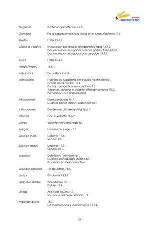 - 25 -
Flagrante U Ofensas persistentes 16.7.
Ganador De la jugada empieza a sacar en el juego siguiente. 7.6.
Gestos Falta 13.4.5
Golpe al Volante En sucesión por ambos compañeros, falta 13.6.3.
Dos veces por un jugador con dos golpes, falta 13.6.2.
Dos veces por un jugador con un golpe 13.3.8
Gritar Falta 13.4.5,
Herida/mareo 16.6.1,
Imprevistos Circunstancias 14.
Individuales Número de jugadores por equipo “definiciones”.
Donde sacar/recibir 10.1.
Puntos cuando hay empate 7.4 y 7.5
Jugando, golpear el volante alternativamente 10.2.
Puntuación 10.3 (individuales).
Infracciones Mala conducta 16.7
Cuando poner faltas y suspender 13.7.
Instrucciones Desde más allá de la pista 16.5.1,
Interferir Con el volante 16.6.2.
Juego Volante fuera de juego 15.
Juegos Número de juegos 7.1.
Juez de línea Deberes 17.4.
Señales R6.
Juez de saque Deberes 17.3.
Señales R5.3.
Jugador Definición, "definiciones".
Cuantos por equipos "definición".
Cansado, no descansar 16.4
Jugador cansado No descanso 16.4.
Lanzar El volante 13.3.7
Lado que recibe Individuales 10.1.
Dobles 11.4.
Líneas Anchura, color1.1-2.
Son parte del área definida 1.3.
Mala conducta 16.7.
No mencionado especialmente 16.6.4.
 