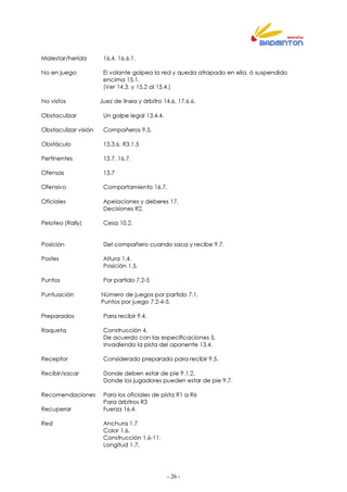 - 26 -
Malestar/herida 16.4, 16.6.1.
No en juego El volante golpea la red y queda atrapado en ella, ó suspendido
encima 15.1.
(Ver 14.3, y 15.2 al 15.4.)
No vistos Juez de línea y árbitro 14.6, 17.6.6.
Obstaculizar Un golpe legal 13.4.4.
Obstaculizar visión Compañeros 9.5.
Obstáculo 13.3.6, R3.1.5
Pertinentes 13.7, 16.7.
Ofensas 13.7
Ofensivo Comportamiento 16.7,
Oficiales Apelaciones y deberes 17.
Decisiones R2.
Peloteo (Rally) Cesa 10.2.
Posición Del compañero cuando saca y recibe 9.7.
Postes Altura 1.4.
Posición 1.5.
Puntos Por partido 7.2-5
Puntuación Número de juegos por partido 7.1.
Puntos por juego 7.2-4-5.
Preparados Para recibir 9.4.
Raqueta Construcción 4.
De acuerdo con las especificaciones 5.
Invadiendo la pista del oponente 13.4.
Receptor Considerado preparado para recibir 9.5.
Recibir/sacar Donde deben estar de pie 9.1.2.
Donde los jugadores pueden estar de pie 9.7.
Recomendaciones Para los oficiales de pista R1 a R6
Para árbitros R3
Recuperar Fuerza 16.4.
Red Anchura 1.7
Color 1.6.
Construcción 1.6-11.
Longitud 1.7.
 