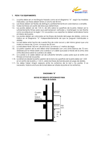 - 3 -
1. PISTA Y SU EQUIPAMIENTO.
1.1. La pista debe ser un rectángulo trazado como en el diagrama “A” según las medidas
indicadas. Las líneas deben tener un ancho de 40 mm.
1.2. Las líneas deben ser fáciles de distinguir y preferentemente en color blanco o amarillo.
1.3. Todas las líneas son parte del área que determinan.
1.4. Los postes deben ser de 1,55 m, de alto sobre la superficie de la pista. Deben ser lo
suficientemente firmes para que permanezcan verticales y mantengan la red tirante
como se estipula en la regla 1.10. Los postes o sus soportes no deben extenderse hacia
el interior de la pista.
1.5. Los postes deben ser colocados en las líneas de banda del juego de dobles, como se
indica en el Diagrama “A” independientemente de que se jueguen individuales o
dobles.
1.6. La red debe estar hecha de cuerda fina de color oscuro y del mismo grosor que una
malla no menor de 15 mm, ni mayor de 20 mm.
1.7. La red debe tener 760 mm. de anchura y al menos 6.1 metros de largo.
1.8. La parte superior de la red debe estar bordeada con una cinta blanca de 75 mm;
doblada por la mitad sobre una cuerda o un cable que pase a través de la cinta. Esta
cinta descansa sobre la cuerda o el cable.
1.9. La cuerda o el cable deben ser de suficiente tamaño y peso para que se estire con
firmeza al nivel de los postes.
1.10. La distancia desde la parte superior de la red a la superficie de la pista debe ser 1,524
en el centro de la pista, y 1,55 m. sobre las líneas de banda para el juego de dobles.
1.11. No debe haber ningún espacio entre los extremos de la red y los postes. Si es
necesario, toda la anchura de la red debe ser atada al poste en los extremos.
DIAGRAMA “B”
RAYAS DE ENSAYO OPCIONALES PARA
PISTA DE DOBLES
Cuadro
de
40 mm
Saque
Derecho
40 mm 950
mm
530
m
m.
 