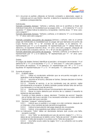 - 30 -
3.2.1. Anunciar el partido utilizando el formato completo o abreviado, según lo
indicado por el Juez Árbitro. Apuntar a derecha e izquierda al pronunciar las
palabras correspondientes
Individuales
Formato completo (torneo): “Señoras y señores, ésta es la semifinal (o final) del
individual masculino, (o modalidad que se juega) entre. …. A mi derecha “X” y a mi
izquierda “Y” (Debe indicar la derecha y la izquierda mientras dice). “X” sirve; cero-
cero; jueguen.”-
Formato abreviado (torneo): “Señores y señoras, a mi derecha ”X” y a mi izquierda
“Y”. “X” sirve; cero-cero; jueguen.”
Formato completo (encuentro de equipos):“Señoras y señores, éste es el primer
juego de individuales (o modalidad que se juega) del (por Ejemplo) encuentro de
Copa Thomas entre “A” y “B” (nombre de los países). A mi derecha “A”,
representado por “X” y a mi izquierda “B” representado por “Y” (debe indicar la
derecha y la izquierda mientras dice). “A” sirve, cero-cero, jueguen. (Después de
esto se refiere solo a equipos, esto es, “A” y “B” en vez de jugadores “X” y “Y”.)”
Formato abreviado (encuentro de equipos): “Señores y señoras, a mi derecha “A”
representado por “X” y a mi derecha, “B” representado por “Y”. “A” sirve; cero-
cero; jueguen.”
Dobles
En juegos de dobles (torneo) identificar al servidor y al receptor anunciando: “A mi
derecha”W” y “X” y a mi izquierda “Y” y “Z”. “X” sirve para “Y”, cero-cero; jueguen”.
(Encuentro de equipos): “A mi derecha “A” representado por “W” y “X” y a mi
izquierda “B” representado por “Y” y “Z”. “A” sirve para “Y”, cero-cero, jueguen.
3.3. Durante el juego el
3.3.1. El árbitro debe:
3.3.1.1. Utilizar el vocabulario estándar que se encuentra recogido en el
apéndice 4 de las Reglas de Juego.
3.3.1.2. Apuntar en el acta y declarar el tanteo. Siempre declarar el tanteo
del servidor primero.
3.3.1.3. Durante el servicio, si se ha nombrado juez de servicio, vigilar
principalmente al receptor. El árbitro también puede señalar falta de servicio
si es necesario (y no hay juez de servicio).
3.3.1.4. Mantenerse atento al buen funcionamiento del marcador.
3.3.1.5. Elevar la mano derecha por encima de su cabeza si necesita la
asistencia del juez-árbitro.
3.3.2. Cuando un lado pierde su saque, declarar: “Cambio de servicio” Seguido
por el tanteo del nuevo servidor. Si es necesario extender su mano derecha
hacia el lado del nuevo servidor.
3.3.3. Declarar “Jueguen” solamente para:
3.3.3.1. Indicar que un partido o un juego va a dar comienzo; después de
un intervalo; o tras cambiar de lado de pista los jugadores.
3.3.3.2. Indicar la reanudación del juego después de una parada.
3.3.3.3. Indicar a los jugadores que deben continuar jugando.
3.3.4. La indicación “Falta” debe ser declarada siempre que ocurra una falta,
excepto cuando:
3.3.4.1. Una “falta” es declarada por juez de servicio (reglas 9.1. y 13.1.) y,
debe de ser nombrada por el árbitro como “falta de servicio”. El árbitro debe
nombrar la falta del receptor si ocurriera como “falta de recepción”.
3.3.4.2. Una falta ocurre sobre las reglas 13.3.1 y es suficiente con la señal
del juez de línea
 