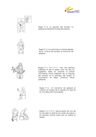 Regla 9.1.4. La raqueta del servidor no
golpea inicialmente la base del volante.
Regla 9.1.5. No está todo el volante debajo
de la cintura del servidor al momento de
golpear.
Reglas 9.1.1; 9.4 y 9.1.7 Hay una demora
indebida al dar el saque. Una vez que los
jugadores están en posición el primer
movimiento hacia adelante de la raqueta
del servidor es el principio del saque. El
movimiento se debe continuar hacia
adelante.
Regla 9.1.6 Al momento de golpear el
volante, el mango de la raqueta no apunta
en una dirección hacia abajo.
Regla 9.1.2 y 9.1.3 Alguna parte de uno de
los dos pies no está en el cuadro de saque y
en posición inmóvil hasta que se realice el
saque.
 