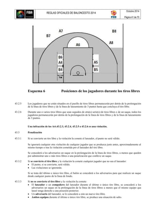 REGLAS OFICIALES DE BALONCESTO 2014
Octubre 2014
Página 41 de 70
Esquema 6 Posiciones de los jugadores durante los tiros libres
43.2.5 Los jugadores que no están situados en el pasillo de tiros libres permanecerán por detrás de la prolongación
de la línea de tiros libres y de la línea de lanzamiento de 3 puntos hasta que concluya el tiro libre.
43.2.6 Durante uno o varios tiros libres que sean seguidos de otra(s) serie(s) de tiros libres o de un saque, todos los
jugadores permanecerán por detrás de la prolongación de la línea de tiros libres y de la línea de lanzamiento
de 3 puntos.
Una infracción de los Art.43.2.3, 43.2.4, 43.2.5 o 43.2.6 es una violación.
43.3 Penalización
43.3.1 Si se convierte un tiro libre y la violación la comete el lanzador, el punto no será válido.
Se ignorará cualquier otra violación de cualquier jugador que se produzca justo antes, aproximadamente al
mismo tiempo o tras la violación cometida por el lanzador del tiro libre.
Se concederá a los adversarios un saque en la prolongación de la línea de tiros libres, a menos que queden
por administrar uno o más tiros libres o una penalización que conlleve un saque.
43.3.2 Si se convierte el tiro libre y la violación la comete cualquier jugador que no sea el lanzador:
 El punto, si se convierte, será válido.
 Las violaciones se ignorarán.
Si se trata del último o único tiro libre, el balón se concederá a los adversarios para que realicen un saque
desde cualquier punto de la línea de fondo.
43.3.3 Si no se convierte el tiro libre y la violación la comete:
 El lanzador o un compañero del lanzador durante el último o único tiro libre, se concederá a los
adversarios un saque en la prolongación de la línea de tiros libres a menos que el mismo equipo que
lanzó tenga derecho a una posesión posterior.
 Un adversario del lanzador, se le concederá a este un nuevo tiro libre.
 Ambos equipos durante el último o único tiro libre, se produce una situación de salto.
 
