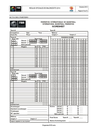REGLAS OFICIALES DE BALONCESTO 2014
Octubre 2014
Página 57 de 70
ACTA DEL PARTIDO
Esquema 8 El acta
 