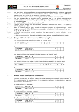 REGLAS OFICIALES DE BALONCESTO 2014
Octubre 2014
Página 60 de 70
B.8.3.3 Una falta técnica de un entrenador por su comportamiento personal antideportivo se indicará inscribiendo
una ‘C’. Una segunda falta técnica similar también se indicará mediante una ‘C’, seguido de 'GD' ('game
disqualification': descalificación del partido) en el siguiente espacio.
B.8.3.4 Una falta técnica contra un entrenador por cualquier otra razón se indicará mediante una ‘B’.
B.8.3.5 Una falta antideportiva de un jugador se indicará inscribiendo una ‘U’. Una segunda falta antideportiva
también se indicará mediante una ‘U’, seguido de 'GD' ('game disqualification': descalificación del partido)
en el siguiente espacio.
B.8.3.6 Una falta descalificante se indicará inscribiendo una ‘D’.
B.8.3.7 Cualquier falta que implique tiros libres se anotará añadiendo el número de tiros libres (1, 2 o 3) junto a la
‘P’, ‘T’, ‘C’, ‘B’, ‘U’ o ‘D’.
B.8.3.8 Todas las faltas en contra de ambos equipos que impliquen sanciones de la misma gravedad y que se
compensen de acuerdo al Art. 42 (Situaciones especiales) se indicarán inscribiendo una pequeña ‘c’ junto a
la ‘P’, ‘T’, ‘C’, ‘B’, ‘U’ o ‘D’.
B.8.3.9 Al final de cada período, el anotador trazará una línea gruesa entre los espacios utilizados y los no
utilizados.
Al final del tiempo de juego, el anotador tachará los espacios restantes con una línea horizontal gruesa.
B.8.3.10 Ejemplos de faltas descalificantes al personal de banco del equipo:
Una falta descalificante de un sustituto se anotará del siguiente modo:
007 ORTEGA, A. 8  D
y
Entrenador: SÁNCHEZ, A. B1
Ayudante: MONTANA, B.
Una falta descalificante al ayudante de entrenador se anotará del siguiente modo:
Entrenador: SÁNCHEZ, A. B1
Ayudante: MONTANA, B. D
Una falta descalificante a un jugador excluido tras su quinta falta se anotará del siguiente modo:
027 LÓPEZ, J. 12 x P1 P2 T1 P P D
y
Entrenador: SÁNCHEZ, A. B1
Ayudante: MONTANA, B.
B.8.3.11 Ejemplos de faltas descalificantes (Enfrentamiento):
Las faltas descalificantes del personal de banco del equipo por abandonar la zona de banco de equipo (Art.
39) se anotarán como se muestra debajo. En los espacios no utilizados correspondientes a la persona
descalificada se inscribirá una ‘F’.
Si solo se descalifica al entrenador:
Entrenador: SÁNCHEZ, A. D2 F F
Ayudante: MONTANA, B.
Si solo se descalifica al entrenador ayudante:
Entrenador: SÁNCHEZ, A. B1
Ayudante: MONTANA, B. F F F
Si se descalifica al entrenador y a su ayudante:
Entrenador: SÁNCHEZ, A. D2 F F
Ayudante: MONTANA, B. F F F
 