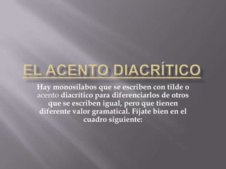Hay monosílabos que se escriben con tilde o
acento diacrítico para diferenciarlos de otros
    que se escriben igual, pero que tienen
 diferente valor gramatical. Fíjate bien en el
              cuadro siguiente:
 