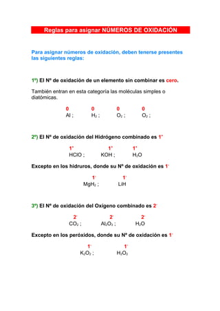 Reglas para asignar NÚMEROS DE OXIDACIÓN


Para asignar números de oxidación, deben tenerse presentes
las siguientes reglas:



1º) El Nº de oxidación de un elemento sin combinar es cero.

También entran en esta categoría las moléculas simples o
diatómicas.

              0           0                0        0
              Al ;        H2 ;             O2 ;     O2 ;



2º) El Nº de oxidación del Hidrógeno combinado es 1+

               1+                  1+             1+
               HClO ;            KOH ;            H2O

Excepto en los hidruros, donde su Nº de oxidación es 1-

                         1-                  1-
                       MgH2 ;              LiH



3º) El Nº de oxidación del Oxígeno combinado es 2-

                2-                   2-             2-
               CO2 ;             Al2O3 ;          H2O

Excepto en los peróxidos, donde su Nº de oxidación es 1-

                        1-                   1-
                     K2O2 ;                H2O2
 