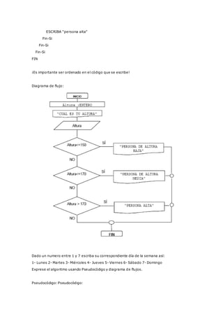 ESCRIBA “persona alta”
Fin-Si
Fin-Si
Fin-Si
FIN
¡Es importante ser ordenado en el código que se escribe!
Diagrama de flujo:
Dado un numero entre 1 y 7 escriba su correspondiente día de la semana así:
1- Lunes 2- Martes 3- Miércoles 4- Jueves 5- Viernes 6- Sábado 7- Domingo
Exprese el algoritmo usando Pseudocódigo y diagrama de flujos.
Pseudocódigo: Pseudocódigo:
 