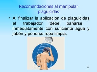 Recomendaciones al manipular
             plaguicidas
• Al finalizar la aplicación de plaguicidas
  el    trabajador     debe    bañarse
  inmediatamente con suficiente agua y
  jabón y ponerse ropa limpia.




                                         10
 