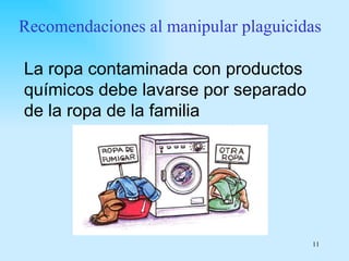 Recomendaciones al manipular plaguicidas

La ropa contaminada con productos
químicos debe lavarse por separado
de la ropa de la familia




                                      11
 