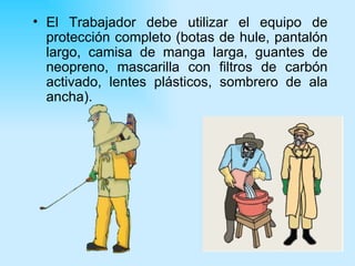 • El Trabajador debe utilizar el equipo de
  protección completo (botas de hule, pantalón
  largo, camisa de manga larga, guantes de
  neopreno, mascarilla con filtros de carbón
  activado, lentes plásticos, sombrero de ala
  ancha).




                                            13
 