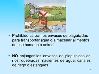 • Prohibido utilizar los envases de plaguicidas
  para transportar agua o almacenar alimentos
  de uso humano o animal

• NO enjuagar los envases de plaguicidas en
  ríos, quebradas, nacientes de agua, canales
  de riego o estanques
                                              16
 