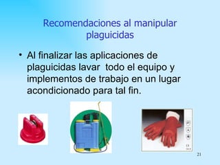 Recomendaciones al manipular
             plaguicidas

• Al finalizar las aplicaciones de
  plaguicidas lavar todo el equipo y
  implementos de trabajo en un lugar
  acondicionado para tal fin.




                                       21
 