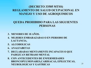 (DECRETO 33505 MTSS)
   REGLAMENTO DE SALUD OCUPACIONAL EN
      MANEJO Y USO DE AGROQUIMICOS

   QUEDA PROHIBIDO PARA LAS SIGUIENTES
                PERSONAS

3. MENORES DE 18 AÑOS.
4. MUJERES EMBARAZADAS O EN PERIODO DE
   LACTANCIA.
5. ALCOHOLICAS
6. ANALFABETAS
7. DECLARADAS MENTAMENTE INCAPACES O QUE
   PADEZCAN RETRASO MENTAL
8. CON ANTECEDENTES DE ENFERMEDADES
   BRONCOPULMONARES,CARDIACAS, EPILECTICAS,
                                              25
   NEUROLOGICAS Y GASTRICAS
 