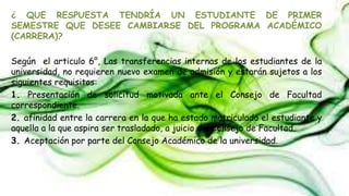 ¿ QUE RESPUESTA TENDRÍA UN ESTUDIANTE DE PRIMER 
SEMESTRE QUE DESEE CAMBIARSE DEL PROGRAMA ACADÉMICO 
(CARRERA)? 
Según el articulo 6°, Las transferencias internas de los estudiantes de la 
universidad, no requieren nuevo examen de admisión y estarán sujetos a los 
siguientes requisitos: 
1. Presentación de solicitud motivada ante el Consejo de Facultad 
correspondiente. 
2. afinidad entre la carrera en la que ha estado matriculado el estudiante y 
aquella a la que aspira ser trasladado, a juicio del Consejo de Facultad. 
3. Aceptación por parte del Consejo Académico de la universidad. 
 