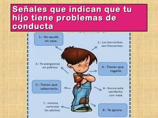 Señales que indican que tuSeñales que indican que tu
hijo tiene problemas dehijo tiene problemas de
conductaconducta
 