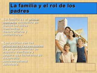 La familia y el rol de losLa familia y el rol de los
padrespadres
La familia es elLa familia es el primerprimer
contextocontexto educativo eneducativo en
donde los niñosdonde los niños
comienzan acomienzan a
desarrollarse ydesarrollarse y
socializarse.socializarse.
Los padres son losLos padres son los
principales responsablesprincipales responsables
de proporcionarles unde proporcionarles un
espacio confiable yespacio confiable y
seguro que favorezca suseguro que favorezca su
desarrollodesarrollo
socioemocionalsocioemocional
saludablesaludable..
 