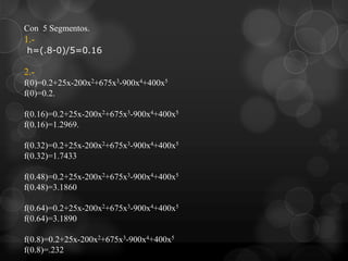 Con 5 Segmentos.
1.-
h=(.8-0)/5=0.16

2.-
f(0)=0.2+25x-200x2+675x3-900x4+400x5
f(0)=0.2.

f(0.16)=0.2+25x-200x2+675x3-900x4+400x5
f(0.16)=1.2969.

f(0.32)=0.2+25x-200x2+675x3-900x4+400x5
f(0.32)=1.7433

f(0.48)=0.2+25x-200x2+675x3-900x4+400x5
f(0.48)=3.1860

f(0.64)=0.2+25x-200x2+675x3-900x4+400x5
f(0.64)=3.1890

f(0.8)=0.2+25x-200x2+675x3-900x4+400x5
f(0.8)=.232
 