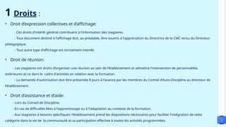 3
1 Droits :
• Droit d’expression collectives et d’affichage:
- Ces droits d'intérêt général contribuent à l'information des stagiaires.
- Tout document destiné à l'affichage doit, au préalable, être soumis à l'appréciation du Directrice de la CMC et/ou du Directeur
pédagogique.
- Tout autre type d'affichage est strictement interdit.
• Droit de réunion:
- Les stagiaires ont droits d’organiser une réunion au sein de l'établissement et admettre l'intervention de personnalités
extérieures et ce dans le cadre d'activités en relation avec la formation.
- La demande d'autorisation doit être présentée 8 jours à l'avance par les membres du Comité d'Auto-Discipline au directeur de
l’établissement.
• Droit d’assistance et d’aide:
- Lors du Conseil de Discipline.
- En cas de difficultés liées à l'apprentissage ou à l'adaptation au contexte de la formation.
- Aux stagiaires à besoins spécifiques: l'établissement prend les dispositions nécessaires pour faciliter l'intégration de cette
catégorie dans la vie de la communauté et sa participation effective à toutes les activités programmées.
 
