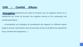 9
- Composé d’un représentant par année de formation pour les stagiaires internes et un
représentant par année de formation des stagiaires externes et d’un représentant des
activités parascolaires;
- La participation aux campagnes de sensibilisation des stagiaires sur différents aspects
(hygiène, sécurité, rationalisation de la consommation de l’eau et de l’électricité, propreté des
locaux, entretien des équipements, …).
CAD : Comité d’Auto-
Discipline
 
