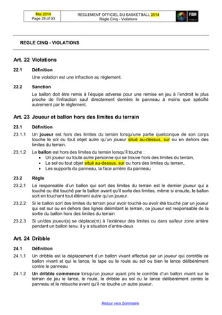 Mai 2014
Page 28 of 93
REGLEMENT OFFICIEL DU BASKETBALL 2014
Règle Cinq - Violations
Retour vers Sommaire
REGLE CINQ - VIOLATIONS
Art. 22 Violations
22.1 Définition
Une violation est une infraction au règlement.
22.2 Sanction
Le ballon doit être remis à l’équipe adverse pour une remise en jeu à l’endroit le plus
proche de l’infraction sauf directement derrière le panneau à moins que spécifié
autrement par le règlement.
Art. 23 Joueur et ballon hors des limites du terrain
23.1 Définition
23.1.1 Un joueur est hors des limites du terrain lorsqu’une partie quelconque de son corps
touche le sol ou tout objet autre qu’un joueur situé au-dessus, sur ou en dehors des
limites du terrain.
23.1.2 Le ballon est hors des limites du terrain lorsqu’il touche :
 Un joueur ou toute autre personne qui se trouve hors des limites du terrain,
 Le sol ou tout objet situé au-dessus, sur ou hors des limites du terrain,
 Les supports du panneau, la face arrière du panneau
23.2 Règle
23.2.1 Le responsable d’un ballon qui sort des limites du terrain est le dernier joueur qui a
touché ou été touché par le ballon avant qu’il sorte des limites, même si ensuite, le ballon
sort en touchant tout élément autre qu’un joueur.
23.2.2 Si le ballon sort des limites du terrain pour avoir touché ou avoir été touché par un joueur
qui est sur ou en dehors des lignes délimitant le terrain, ce joueur est responsable de la
sortie du ballon hors des limites du terrain
23.2.3 Si un/des joueur(s) se déplace(nt) à l’extérieur des limites ou dans sa/leur zone arrière
pendant un ballon tenu, il y a situation d’entre-deux
Art. 24 Dribble
24.1 Définition
24.1.1 Un dribble est le déplacement d’un ballon vivant effectué par un joueur qui contrôle ce
ballon vivant et qui le lance, le tape ou le roule au sol ou bien le lance délibérément
contre le panneau
24.1.2 Un dribble commence lorsqu’un joueur ayant pris le contrôle d’un ballon vivant sur le
terrain de jeu le lance, le roule, le dribble au sol ou le lance délibérément contre le
panneau et le retouche avant qu’il ne touche un autre joueur.
 