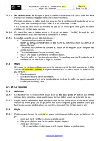 REGLEMENT OFFICIEL DU BASKETBALL 2014
Règle Cinq - Violations
Mai 2014
Page 29 of 93
Retour vers Sommaire
24.1.3 Un dribble prend fin lorsque le joueur touche simultanément le ballon avec les deux
mains ou qu’il le laisse reposer dans une ou les deux mains.
Pendant un dribble, le ballon peut être lancé en l’air à condition qu’il touche le sol ou un
autre joueur avant que le joueur qui l’a lancé le retouche avec la main.
Il n’y a pas de limite quant au nombre de pas qu’un joueur peut faire quand le ballon
n’est pas en contact avec sa main.
24.1.4 On considère que le ballon vivant a échappé au joueur (‘fumble’) lorsqu’il le perd
maladroitement et qu’il en reprend le contrôle sur le terrain.
24.1.5 Les actes suivants ne sont pas des dribbles :
 Tirs successifs au panier du terrain,
 Ballon qui échappe maladroitement des mains au commencement ou à la fin d’un
dribble (‘fumble’)
 Tentatives pour prendre le contrôle du ballon en le frappant pour l’éloigner des
autres joueurs,
 Taper le ballon contrôlé par un autre joueur,
 Dévier une passe et prendre le contrôle du ballon,
 Taper le ballon en l’air de main à main et l’immobiliser avant qu’il touche le sol à
condition de ne pas violer la règle du marcher.
24.2 Règle
Un joueur ne peut pas dribbler une seconde fois après avoir terminé son premier dribble
à moins qu’entre les 2 dribbles il ait perdu le contrôle d’un ballon vivant sur le terrain de
jeu par suite :
 D’un tir au panier,
 D’un ballon touché par un adversaire,
 D’une passe ou d’une perte accidentelle du contrôle du ballon qui touche ou a été
touché par un autre joueur.
Art. 25 Le marcher
25.1 Définition
25.1.1 Le marcher est le déplacement illégal d’un ou des deux pieds en dehors des limites
définies dans cet article, alors que le joueur tient un ballon vivant sur le terrain de jeu.
25.1.2 Le pivot est le mouvement légal d’un joueur qui tient un ballon vivant sur le terrain et qui
déplace le même pied une ou plusieurs fois dans n’importe quelle direction alors que
l’autre pied, appelé pied de pivot, est maintenu à son point de contact avec le sol.
25.2 Règle
25.2.1 Etablissement du pied de pivot par un joueur qui attrape un ballon vivant sur le terrain de
jeu :
 Alors qu’il est à l’arrêt avec les deux pieds au sol :
 Dès qu’un pied est levé l’autre devient le pied de pivot,
 Alors qu’il se déplace :
- Si un pied est en contact avec le sol, ce pied devient le pied de pivot,
 