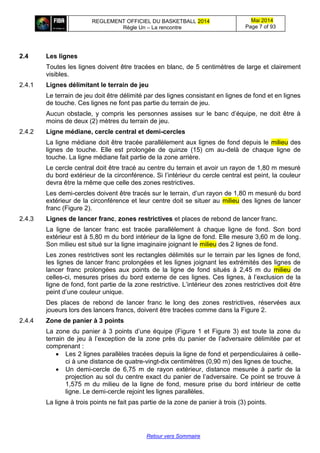 REGLEMENT OFFICIEL DU BASKETBALL 2014
Règle Un – La rencontre
Mai 2014
Page 7 of 93
Retour vers Sommaire
2.4 Les lignes
Toutes les lignes doivent être tracées en blanc, de 5 centimètres de large et clairement
visibles.
2.4.1 Lignes délimitant le terrain de jeu
Le terrain de jeu doit être délimité par des lignes consistant en lignes de fond et en lignes
de touche. Ces lignes ne font pas partie du terrain de jeu.
Aucun obstacle, y compris les personnes assises sur le banc d’équipe, ne doit être à
moins de deux (2) mètres du terrain de jeu.
2.4.2 Ligne médiane, cercle central et demi-cercles
La ligne médiane doit être tracée parallèlement aux lignes de fond depuis le milieu des
lignes de touche. Elle est prolongée de quinze (15) cm au-delà de chaque ligne de
touche. La ligne médiane fait partie de la zone arrière.
Le cercle central doit être tracé au centre du terrain et avoir un rayon de 1,80 m mesuré
du bord extérieur de la circonférence. Si l’intérieur du cercle central est peint, la couleur
devra être la même que celle des zones restrictives.
Les demi-cercles doivent être tracés sur le terrain, d’un rayon de 1,80 m mesuré du bord
extérieur de la circonférence et leur centre doit se situer au milieu des lignes de lancer
franc (Figure 2).
2.4.3 Lignes de lancer franc, zones restrictives et places de rebond de lancer franc.
La ligne de lancer franc est tracée parallèlement à chaque ligne de fond. Son bord
extérieur est à 5,80 m du bord intérieur de la ligne de fond. Elle mesure 3,60 m de long.
Son milieu est situé sur la ligne imaginaire joignant le milieu des 2 lignes de fond.
Les zones restrictives sont les rectangles délimités sur le terrain par les lignes de fond,
les lignes de lancer franc prolongées et les lignes joignant les extrémités des lignes de
lancer franc prolongées aux points de la ligne de fond situés à 2,45 m du milieu de
celles-ci, mesures prises du bord externe de ces lignes. Ces lignes, à l’exclusion de la
ligne de fond, font partie de la zone restrictive. L’intérieur des zones restrictives doit être
peint d’une couleur unique.
Des places de rebond de lancer franc le long des zones restrictives, réservées aux
joueurs lors des lancers francs, doivent être tracées comme dans la Figure 2.
2.4.4 Zone de panier à 3 points
La zone du panier à 3 points d’une équipe (Figure 1 et Figure 3) est toute la zone du
terrain de jeu à l’exception de la zone près du panier de l’adversaire délimitée par et
comprenant :
 Les 2 lignes parallèles tracées depuis la ligne de fond et perpendiculaires à celle-
ci à une distance de quatre-vingt-dix centimètres (0,90 m) des lignes de touche,
 Un demi-cercle de 6,75 m de rayon extérieur, distance mesurée à partir de la
projection au sol du centre exact du panier de l’adversaire. Ce point se trouve à
1,575 m du milieu de la ligne de fond, mesure prise du bord intérieur de cette
ligne. Le demi-cercle rejoint les lignes parallèles.
La ligne à trois points ne fait pas partie de la zone de panier à trois (3) points.
 