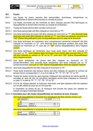 REGLEMENT OFFICIEL DU BASKETBALL 2014
B – Feuille de marque
Mai 2014
Page 71 of 93
Retour vers Sommaire
B.8 Fautes
B.8.1 Les fautes de joueur peuvent être personnelles, techniques, antisportives ou
disqualifiantes et doivent être inscrites au compte du joueur.
B.8.2 Les fautes commises par les membres du banc d’équipe peuvent être techniques ou
disqualifiantes et doivent être inscrites au compte de l’entraîneur.
B.8.3 Toutes les fautes devront être inscrites comme suit :
B.8.3.1 Une faute personnelle doit être indiquée en inscrivant un "P".
B.8.3.2 Une faute technique de joueur doit être indiquée en inscrivant un "T". Une seconde faute
technique doit aussi être indiquée en entrant un "T", suivi dans les espaces suivants d'un
"GD" (Game Disqualification) pour la disqualification pour le reste de la rencontre.
B.8.3.3 Une faute technique de l’entraîneur pour comportement personnel antisportif doit être
indiquée en inscrivant un "C". Une seconde faute technique similaire doit aussi être
indiquée en inscrivant un "C" suivi par un "GD" (Game Disqualification) dans l’espace
suivant.
B.8.3.4 Une faute technique de l’entraîneur pour toute autre raison doit être indiquée en
inscrivant un "B". Une troisième faute technique (l'une d'entre elles pouvant être un "C")
doit être indiquée en entrant un "B" ou un "C", suivi d'un "GD" (Game Disqualification)
dans l’espace suivant.
B.8.3.5 Une faute antisportive de joueur doit être indiquée en inscrivant un "U"
(Unsportsmanlike). Une seconde faute antisportive doit aussi indiquée par un "U"
(Unsportsmanlike) suivi par un "GD" (Game Disqualification) dans les espaces restants.
B.8.3.6 Une faute disqualifiante doit être indiquée en inscrivant un "D".
B.8.3.7 Toute faute entraînant des lancers francs doit être indiquée en ajoutant le nombre de
lancers francs correspondant (1, 2 ou 3) à côté du "P", "T", "C", "B", "U" ou "D".
B.8.3.8 Toutes les fautes contre les deux équipes impliquant des sanctions de même gravité et
annulées en vertu de l’Art. 42 (situations spéciales) doivent être indiquées en inscrivant
un petit "c" à côté du "P", "T", "C", "B", "U" ou "D".
B.8.3.9 A la fin de chaque période, le marqueur doit tracer une ligne épaisse entre les espaces
qui ont été utilisés et ceux qui ne l’ont pas été.
A l’expiration du temps de jeu, le marqueur doit annuler les cases non utilisées en
traçant une ligne horizontale épaisse.
B.8.3.10 Exemples pour des fautes disqualifiantes de membres de banc d'équipe :
Une faute disqualifiante à l’encontre d'un remplaçant doit être inscrite comme suit :
et
Une faute disqualifiante à l’encontre d'un entraineur adjoint doit être inscrite comme suit :
 