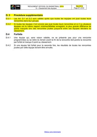 REGLEMENT OFFICIEL DU BASKETBALL 2014
D – Classement des équipes
Mai 2014
Page 81 of 93
Retour vers Sommaire
D. 3 Procédure supplémentaire
D.3.1 Les Art. D.1 et D.2 sont valides après que toutes les équipes ont joué toutes leurs
rencontres dans leur groupe.
D.3.2 Si toutes les équipes n'ont encore pas joué toutes leurs rencontres et si 2 ou plusieurs
équipes ont le même rapport victoires/défaites enregistré, la plus grande différence de
points marqués lors des rencontres jouées jusque-là entre ces équipes décidera du
classement.
D.4 Forfaits
D.4.1 Une équipe qui, sans raison valable, ne se présente pas pour une rencontre
programmées ou se retire du terrain avant la fin de la rencontre doit perdre la rencontre
par forfait et marque 0 point au classement.
D.4.2 Si une équipe fait forfait pour la seconde fois, les résultats de toutes les rencontres
jouées par cette équipe doivent être annulés.
 