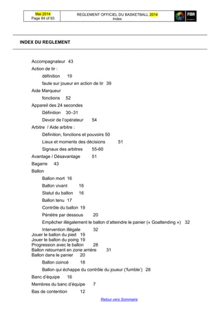 Mai 2014
Page 84 of 93
REGLEMENT OFFICIEL DU BASKETBALL 2014
Index
Retour vers Sommaire
INDEX DU REGLEMENT
Accompagnateur 43
Action de tir :
définition 19
faute sur joueur en action de tir 39
Aide Marqueur
fonctions 52
Appareil des 24 secondes
Définition 30–31
Devoir de l’opérateur 54
Arbitre / Aide arbitre :
Définition, fonctions et pouvoirs 50
Lieux et moments des décisions 51
Signaux des arbitres 55-60
Avantage / Désavantage 51
Bagarre 43
Ballon
Ballon mort 16
Ballon vivant 16
Statut du ballon 16
Ballon tenu 17
Contrôle du ballon 19
Pénètre par dessous 20
Empêcher illégalement le ballon d’atteindre le panier (« Goaltending ») 32
Intervention illégale 32
Jouer le ballon du pied 19
Jouer le ballon du poing 19
Progression avec le ballon 28
Ballon retournant en zone arrière 31
Ballon dans le panier 20
Ballon coincé 18
Ballon qui échappe du contrôle du joueur (‘fumble’) 28
Banc d’équipe 16
Membres du banc d’équipe 7
Bas de contention 12
 