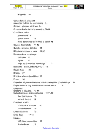 Mai 2014
Page 86 of 93
REGLEMENT OFFICIEL DU BASKETBALL 2014
Index
Retour vers Sommaire
Rapports 51
Comportement antisportif
rapport de l’arbitre, du commissaire 51
Contact : principes généraux 34
Contester le résultat de la rencontre 51-68
Contrôle du ballon
par l’équipe 19
par un joueur 19
faute de l’équipe qui contrôle le ballon 45
Couleur des maillots, 11-12
Cylindre : principe, définition 34
Décisions : moment et place 51-52
Demi-cercle de non-charge
définition 10
lignes 10
règle du ½ cercle de non charge 37
Disqualifié : joueur, entraineur 40, 41, 43
Double faute 39
Dribbler 27
Dribbleur, charge du dribbleur 35
Ecran 36
Empêcher illégalement le ballon d’atteindre le panier (Goaltending) 32
Emplacement le long du couloir des lancers francs, 9
Entraîneur
fonctions et pouvoirs, 13-14
fautes techniques et disqualifiantes 40-41,43
liste des joueurs 13
se tenir debout 14
Entraîneur adjoint
fonctions et pouvoirs 14
se tenir debout 14
Entraîneur/joueur 16
Entre-deux 17-18
Equipes
définition, composition 11
équipe locale 12
 