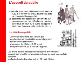 L’accueil du public
Un emplacement aux dimensions minimales de
1,30 m x 0,80 m est prévu devant ou à coté
de chaque table ou guichet.
La possibilité de s'asseoir doit être offerte aux
personnes ayant des difficultés de marche
dans tous les lieux où le public est appelé à
stationner (bureaux, salle d'attente, etc…).

Le téléphone public
L'accès au téléphone doit se faire par
un cheminement praticable, un emplacement
horizontal aux dimensions
minimales, de 1,30 m x 0,80 m doit
être prévu devant ou à coté de l'appareil.
Les divers écrans de lecture ou dispositifs d'information
doivent être orientés convenablement pour en avoir une parfaite
personne
en fauteuil roulant se situe entre 1,10 m et 1,25 m.

 
