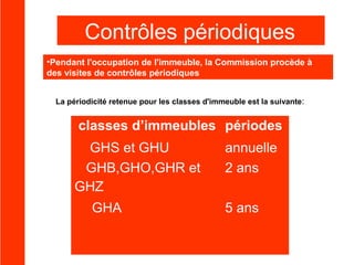 Contrôles périodiques
•Pendant l'occupation de l'immeuble, la Commission procède à
des visites de contrôles périodiques
La périodicité retenue pour les classes d'immeuble est la suivante:

classes d’immeubles périodes
GHS et GHU
GHB,GHO,GHR et
GHZ
GHA

annuelle
2 ans
5 ans

 